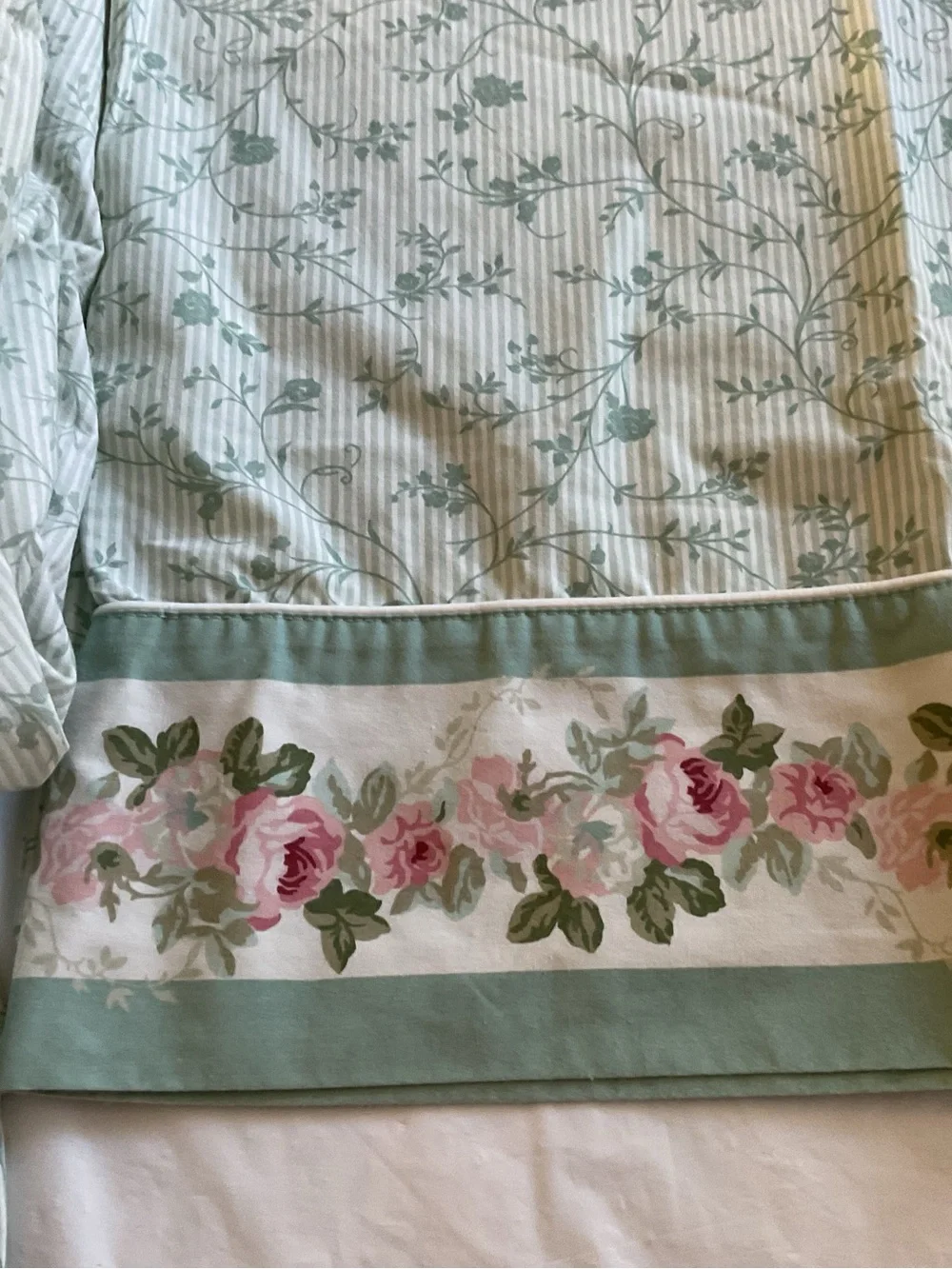 Laura Ashley Cottage Rose Floral W/Green Stripes Twin Sheet Set 3PCS-Vintage